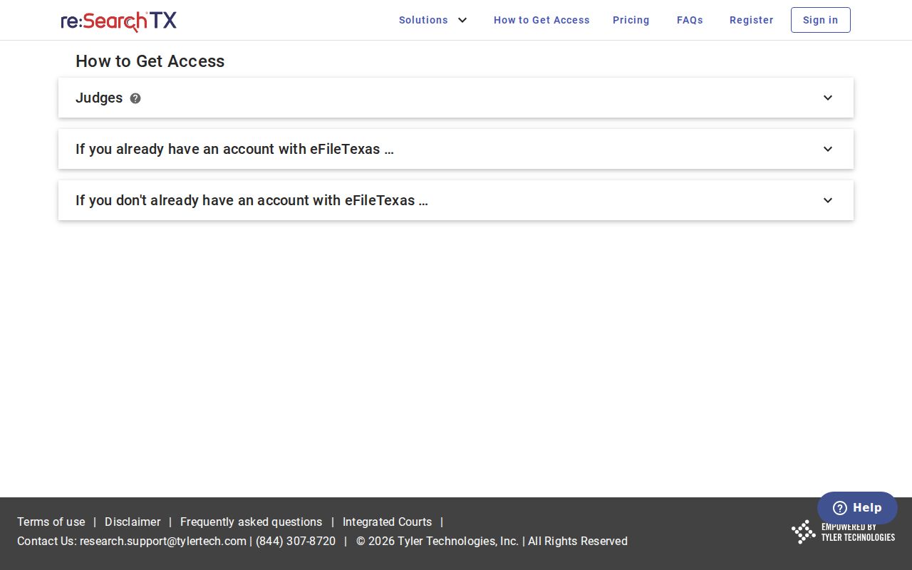 re:SearchTX account access screen for statewide court research
