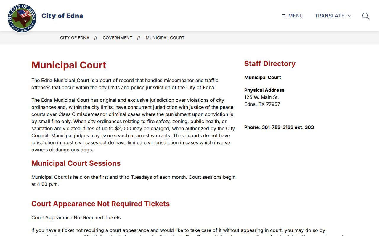 Edna court docket municipal court page